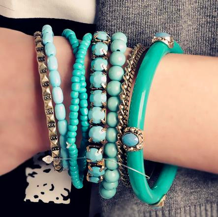 Retro Jewelry Bohemian Ocean Winds Refreshing Blue Beads Multilayer Bangle Bracelet